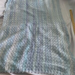 Baby Blanket Crochet Blue Lavender White Soft Blankie 46” x 33” Scalloped Edges